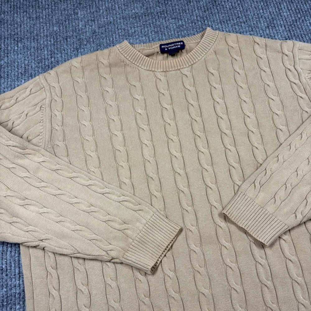 Roundtree & Yorke Sweater Mens XL Tan Cable Knit Cotton Crewneck Long Sleeve